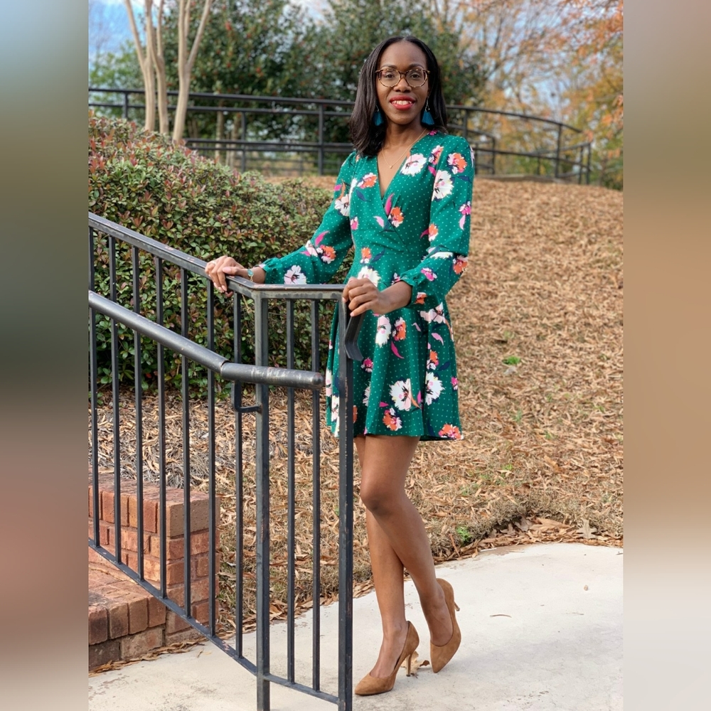 EXPRESS Long Sleeve Surplice Fit & Flare Dress